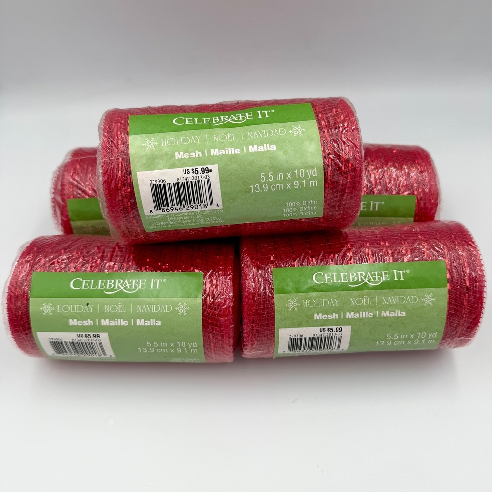 Celebrate It Red Metallic Holiday Mesh 5.5in x 10yd 5 Rolls Christmas Decor